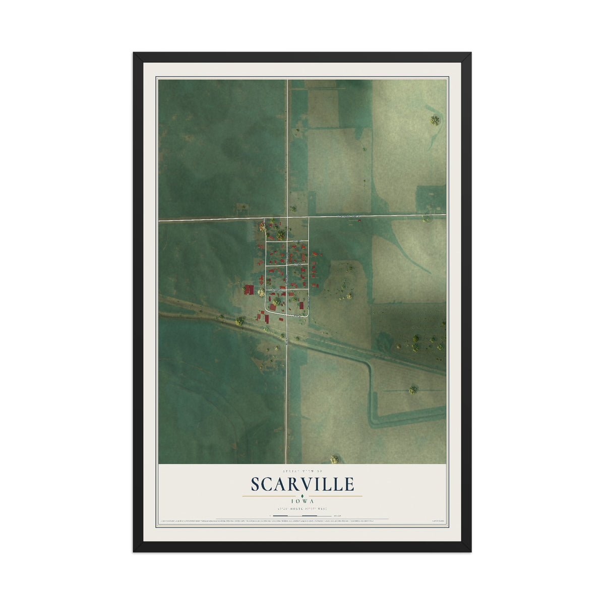 Map of Scarville, Iowa, 12 x 18 inch print in a black wood frame