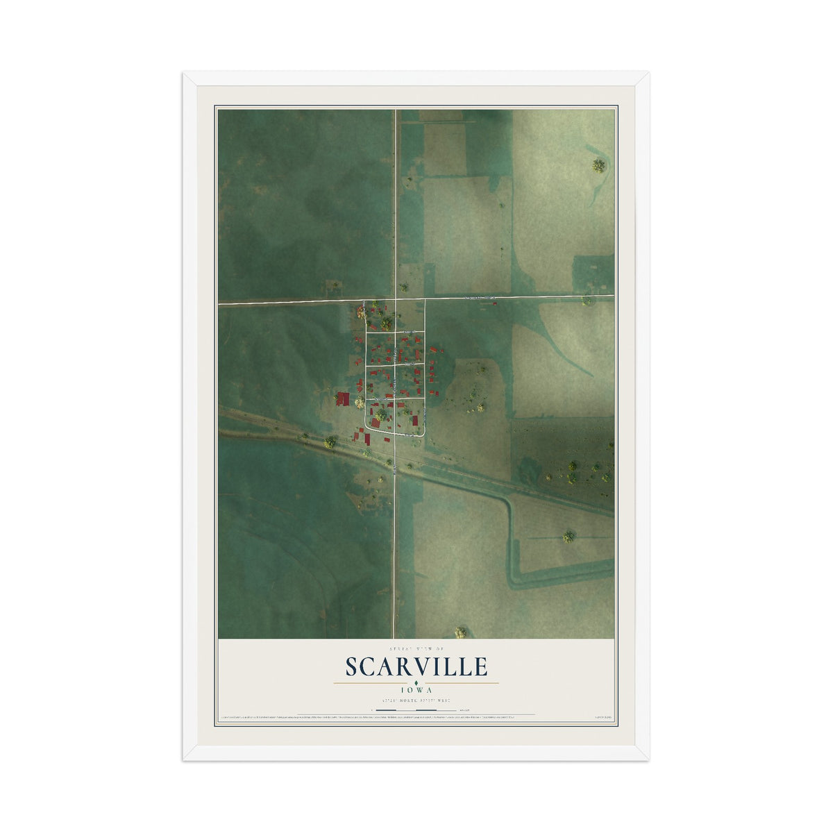 Map of Scarville, Iowa, 12 x 18 inch print in a white wood frame