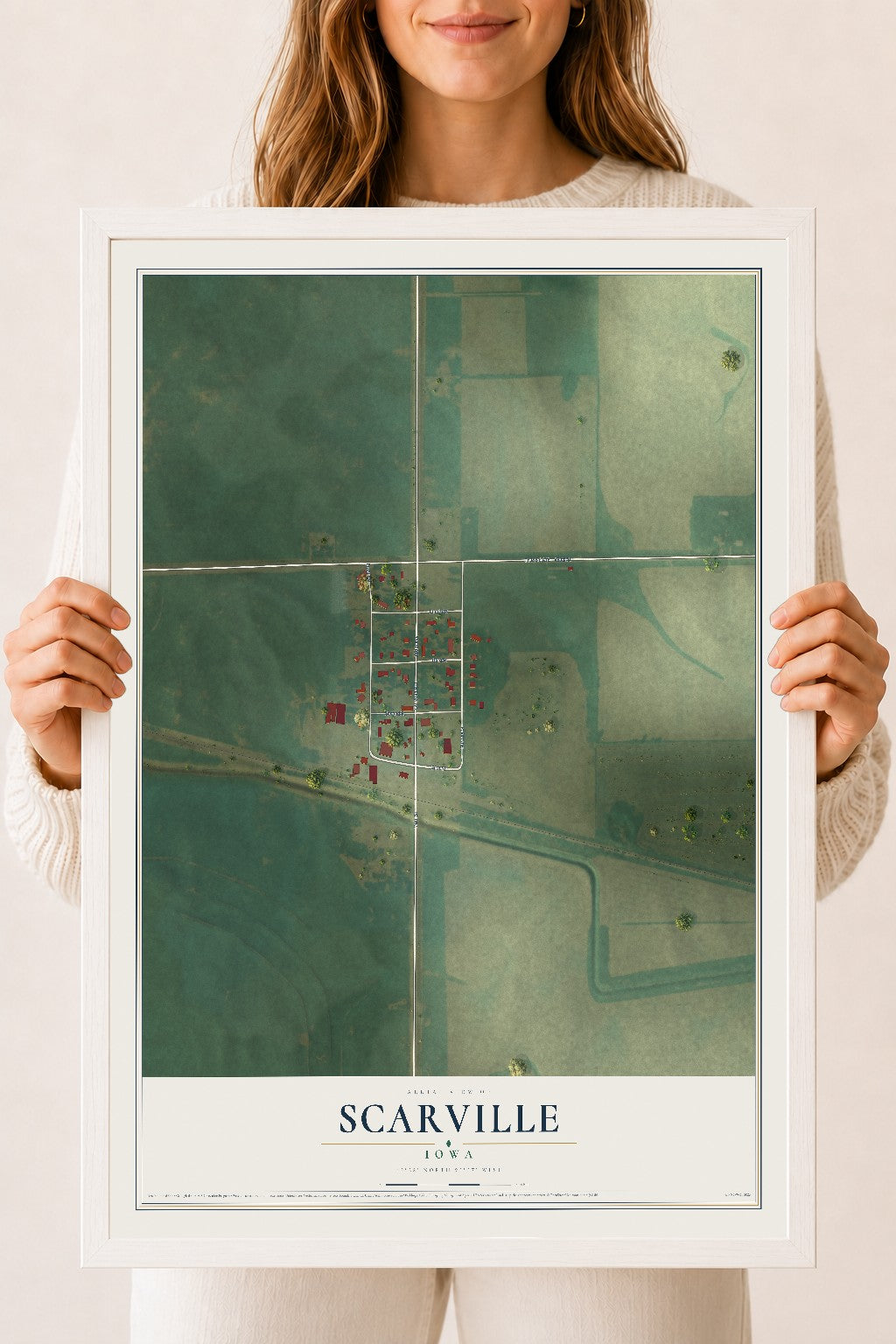 Map of Scarville, Iowa, 18 x 24 inch print in a white wood frame
