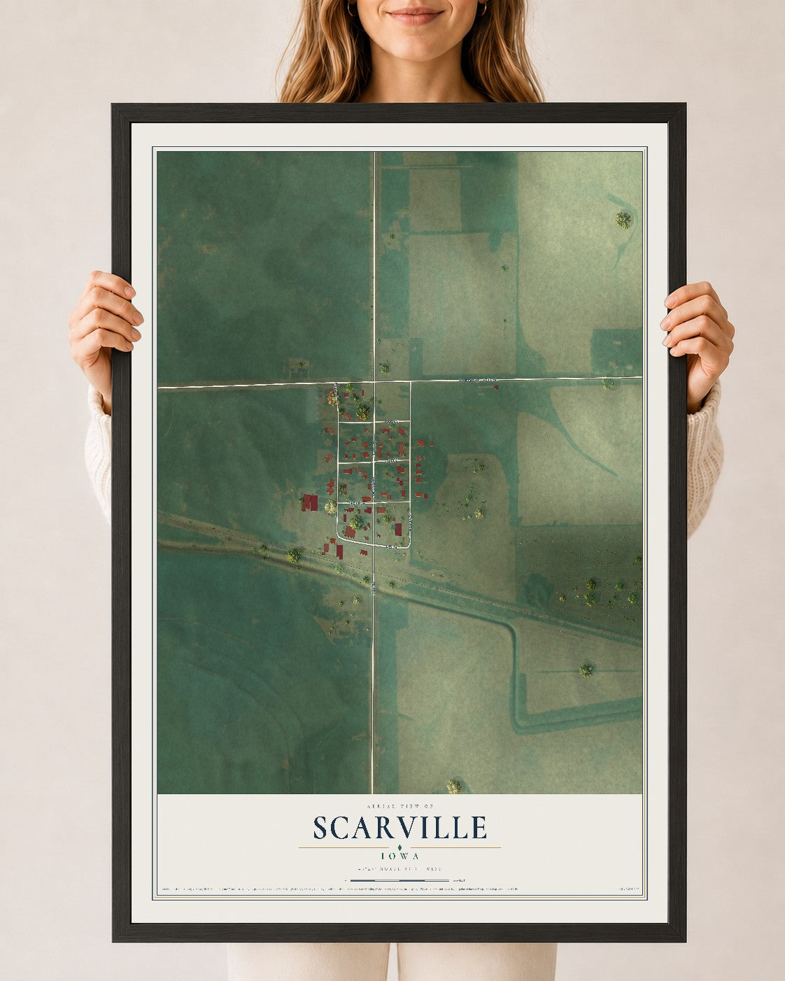 Map of Scarville, Iowa, 24 x 36 inch print in a black wood frame