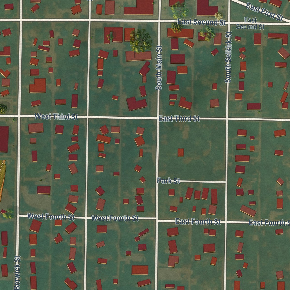 Close-up of the map of Schaller, Iowa print showing street and building detail