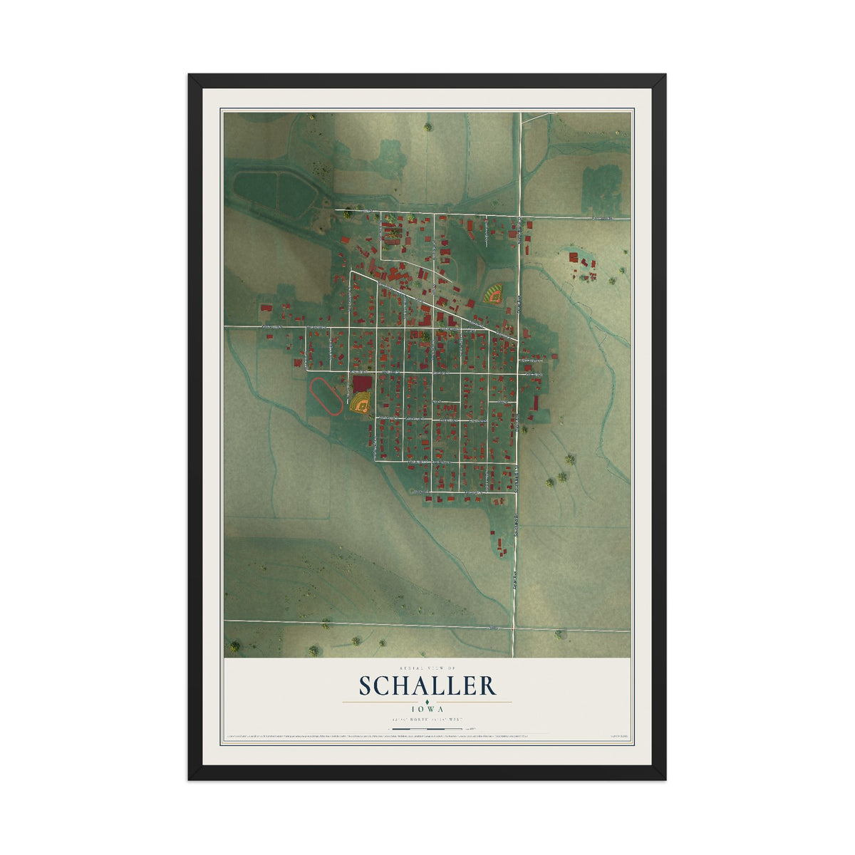 Map of Schaller, Iowa, 12 x 18 inch print in a black wood frame