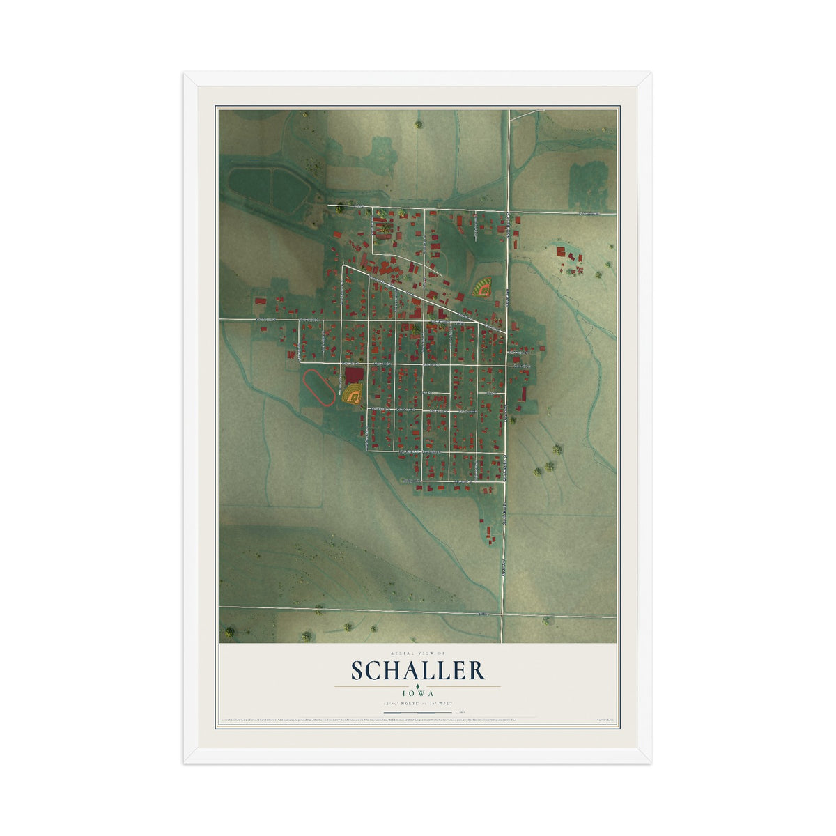 Map of Schaller, Iowa, 12 x 18 inch print in a white wood frame