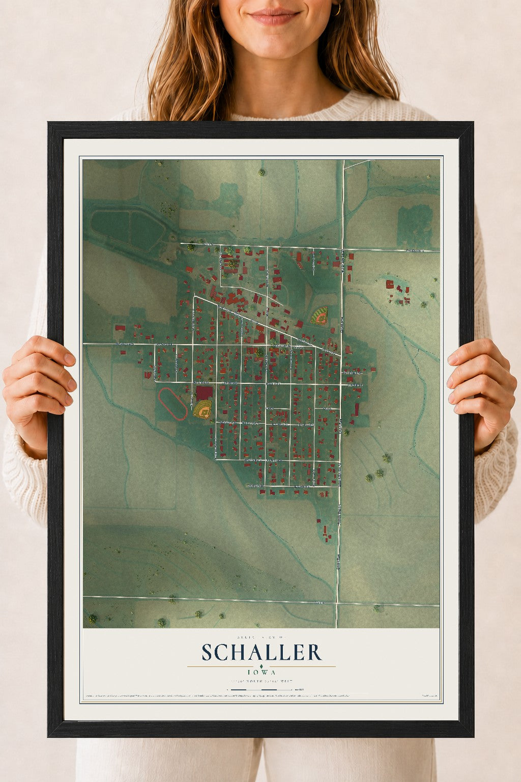 Map of Schaller, Iowa, 18 x 24 inch print in a black wood frame