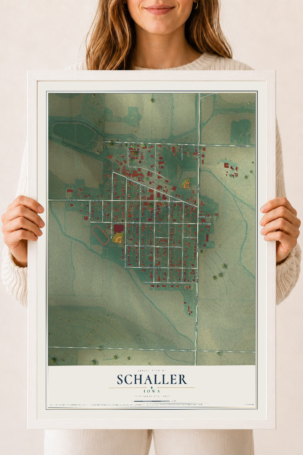 Map of Schaller, Iowa, 18 x 24 inch print in a white wood frame