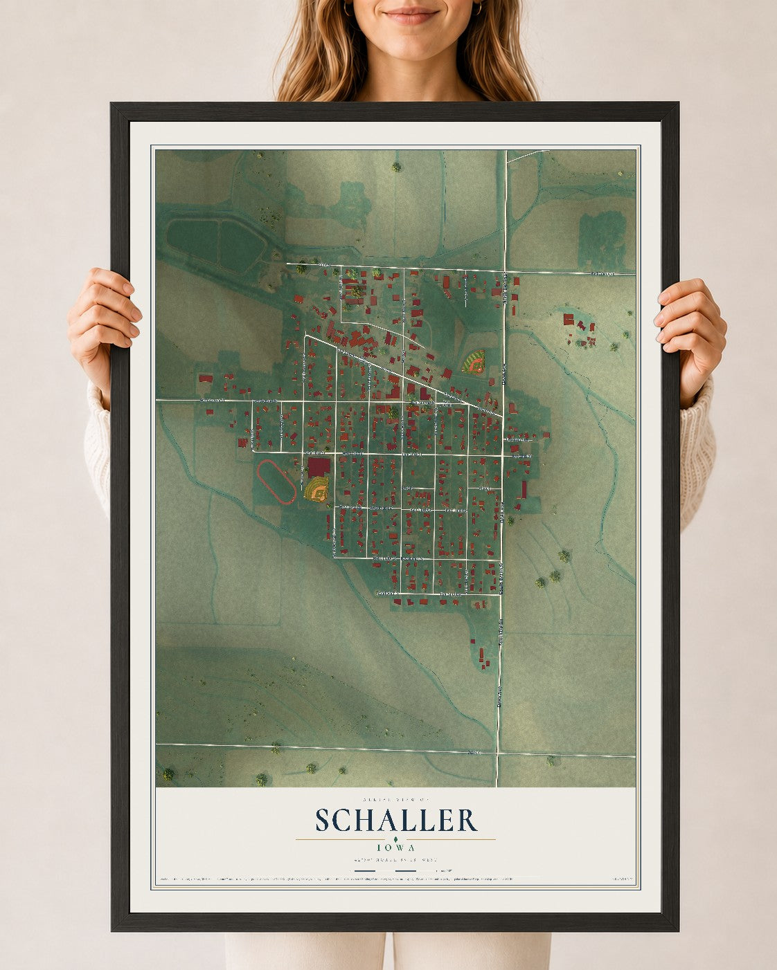 Map of Schaller, Iowa, 24 x 36 inch print in a black wood frame