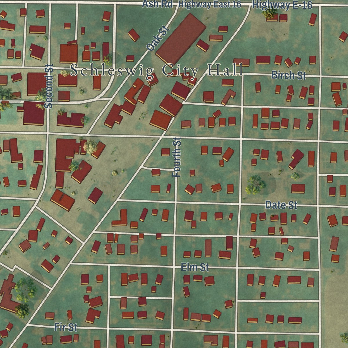 Close-up of the map of Schleswig, Iowa print showing street and building detail