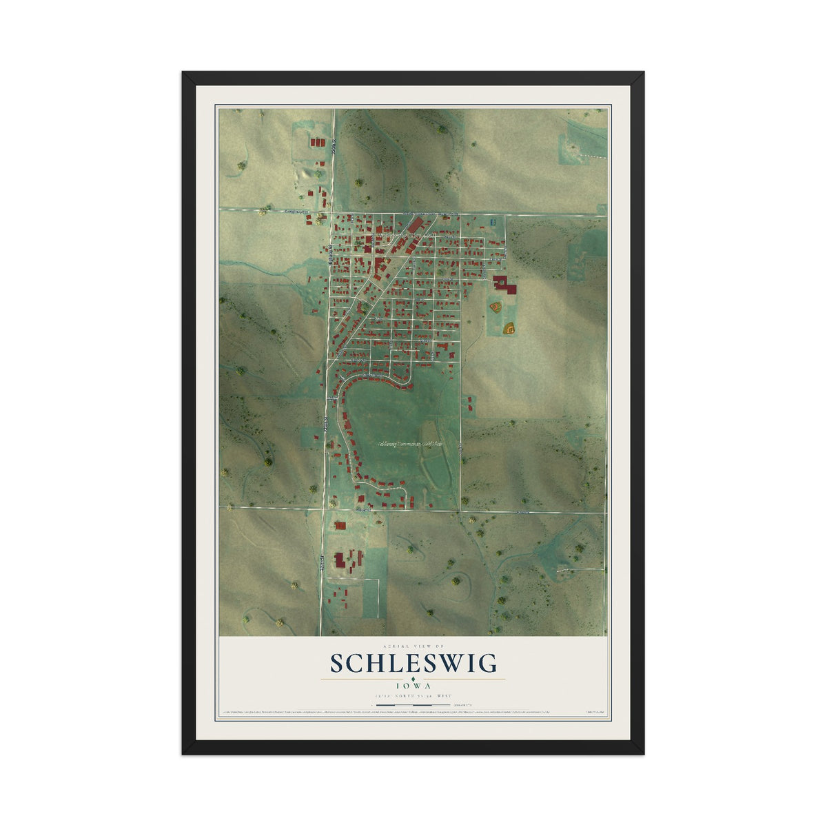 Map of Schleswig, Iowa, 12 x 18 inch print in a black wood frame