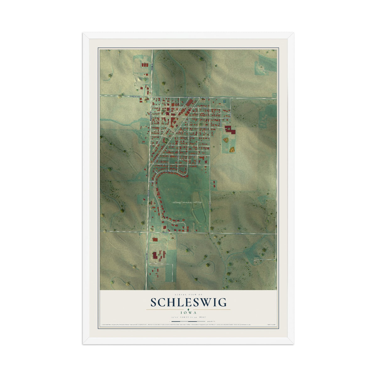 Map of Schleswig, Iowa, 12 x 18 inch print in a white wood frame