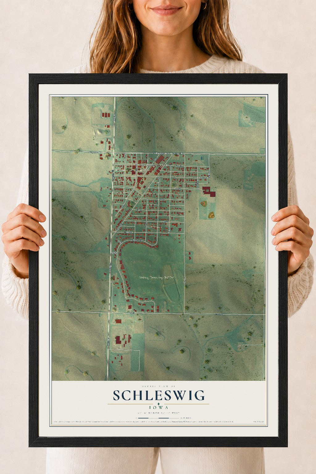 Map of Schleswig, Iowa, 18 x 24 inch print in a black wood frame