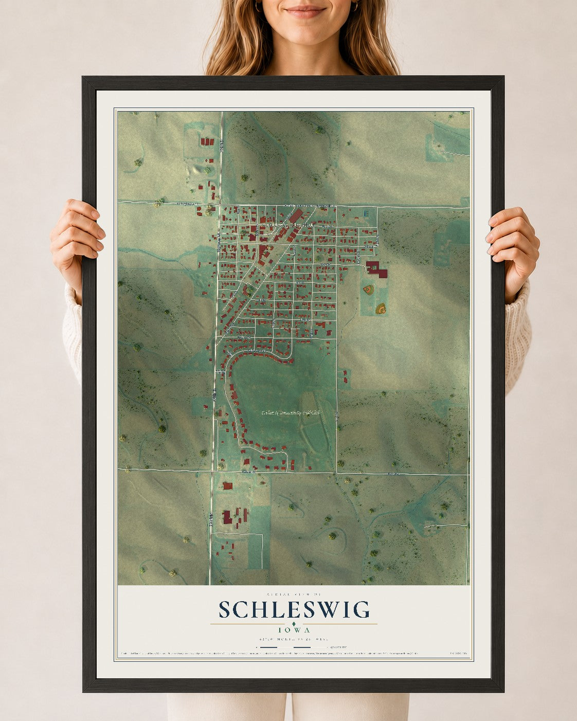 Map of Schleswig, Iowa, 24 x 36 inch print in a black wood frame