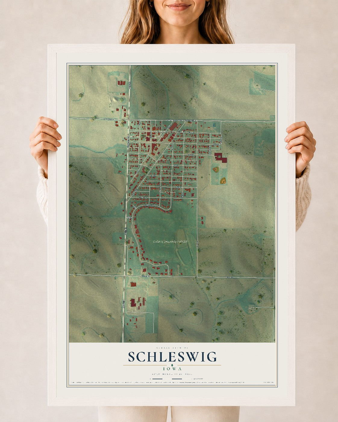 Map of Schleswig, Iowa, 24 x 36 inch print in a white wood frame