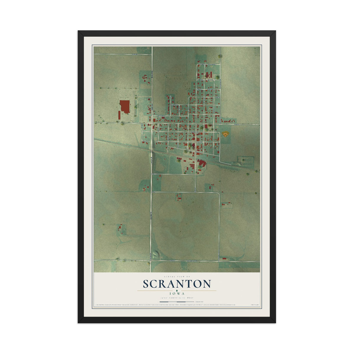 Map of Scranton, Iowa, 12 x 18 inch print in a black wood frame
