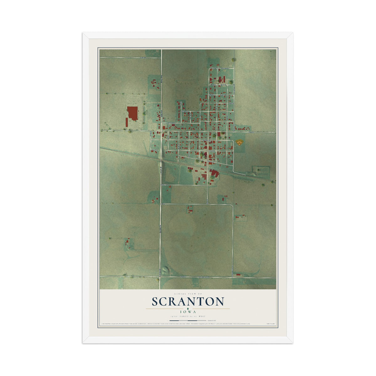 Map of Scranton, Iowa, 12 x 18 inch print in a white wood frame