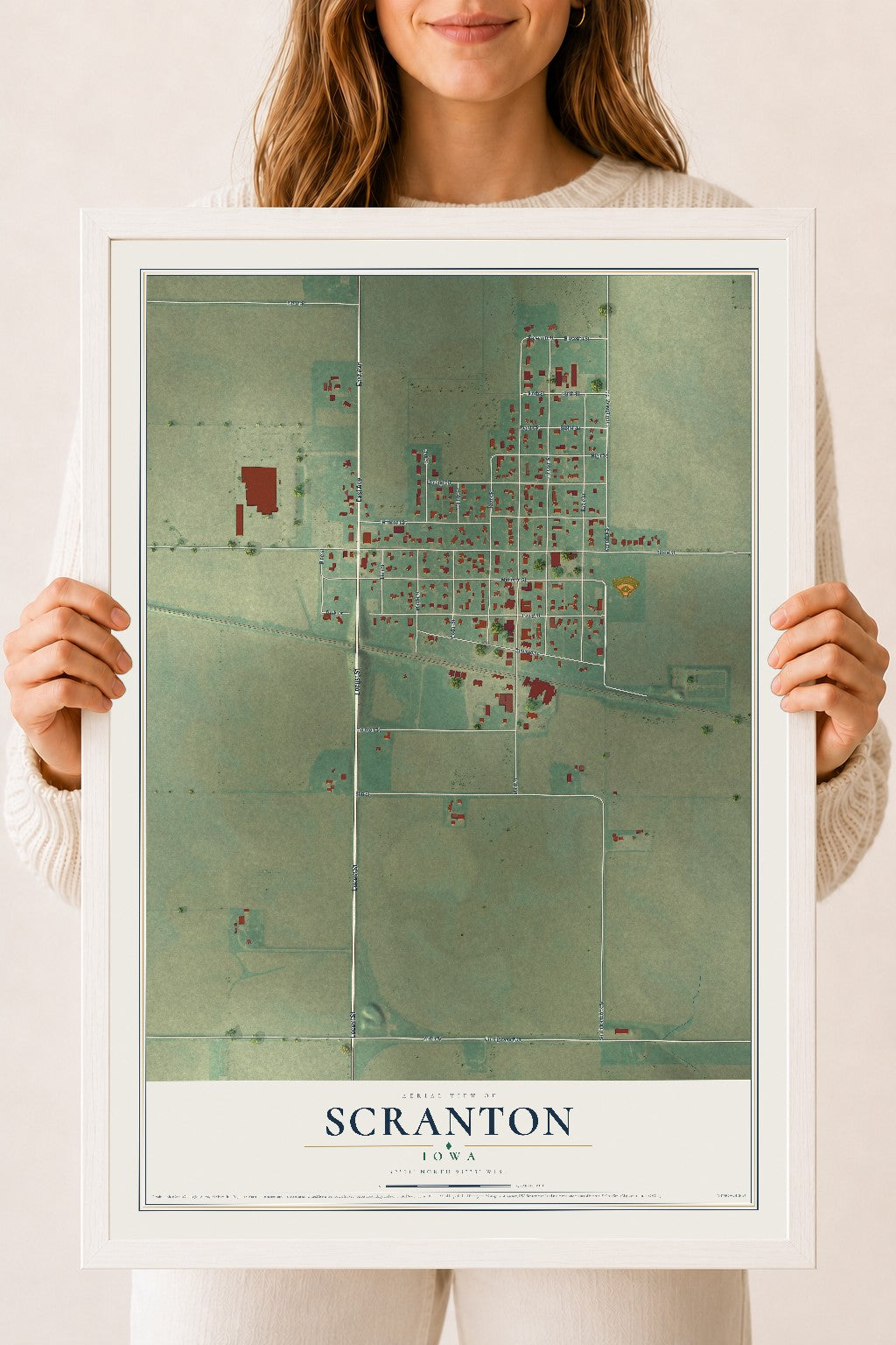 Map of Scranton, Iowa, 18 x 24 inch print in a white wood frame