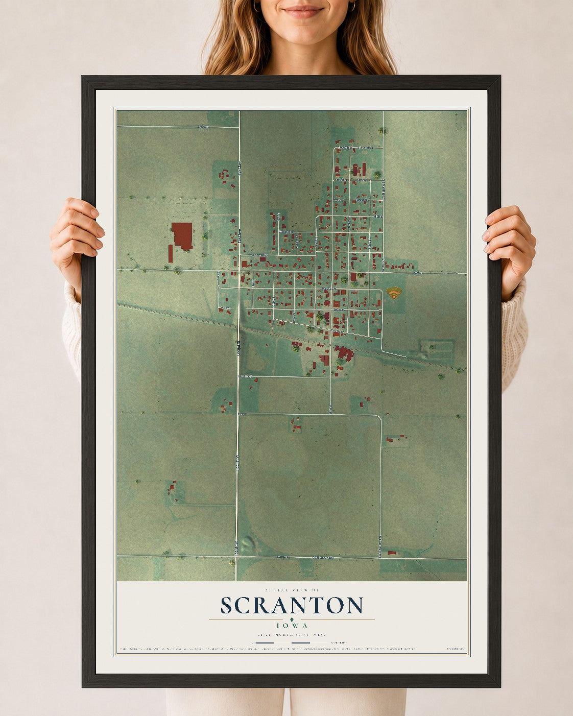 Map of Scranton, Iowa, 24 x 36 inch print in a black wood frame