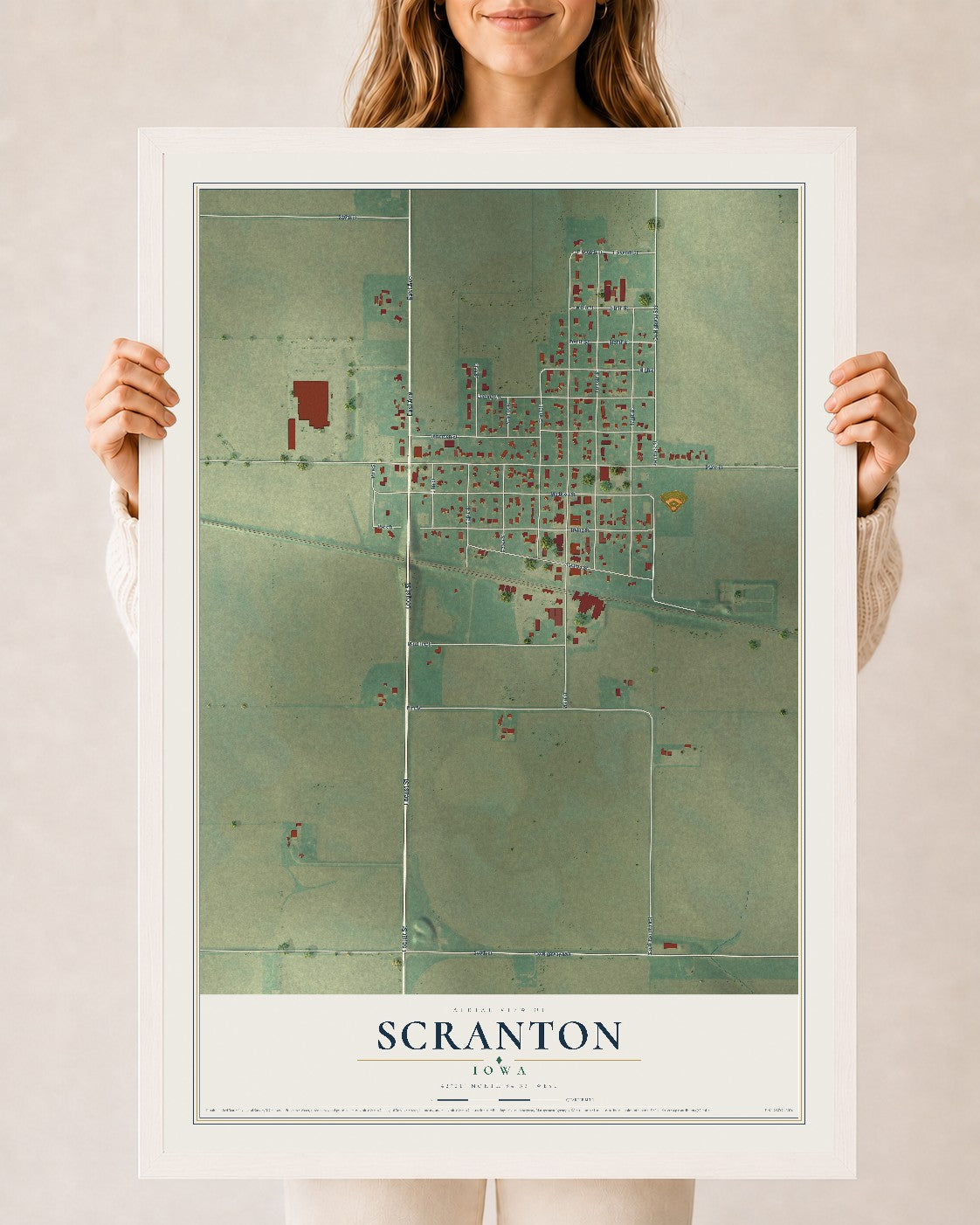Map of Scranton, Iowa, 24 x 36 inch print in a white wood frame