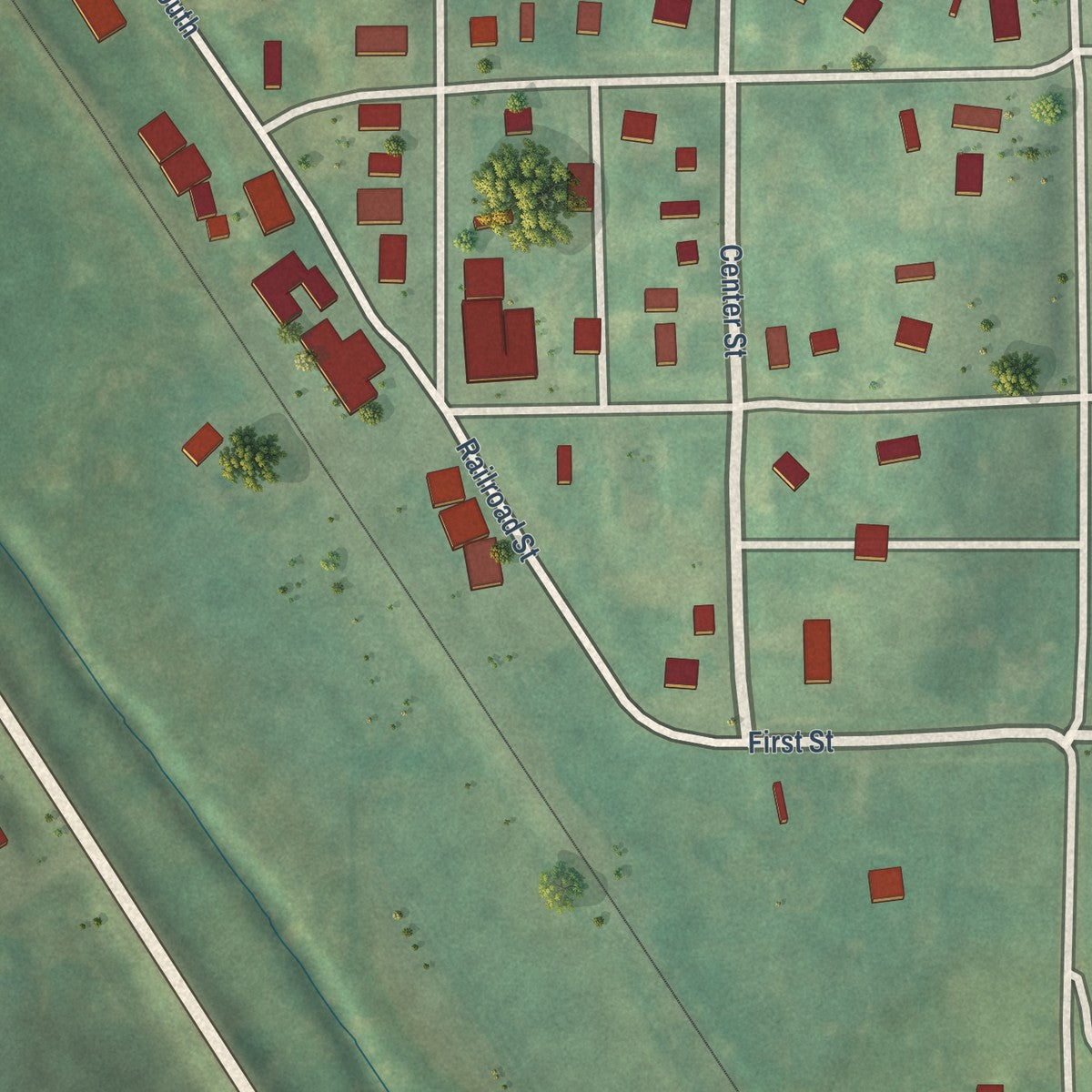 Close-up of the map of Searsboro, Iowa print showing street and building detail