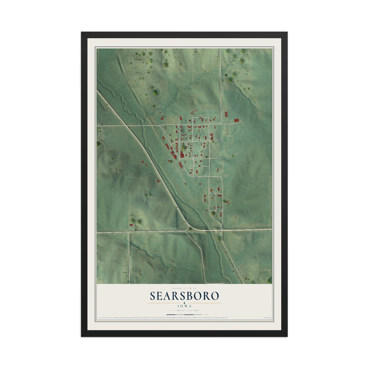 Map of Searsboro, Iowa, 12 x 18 inch print in a black wood frame