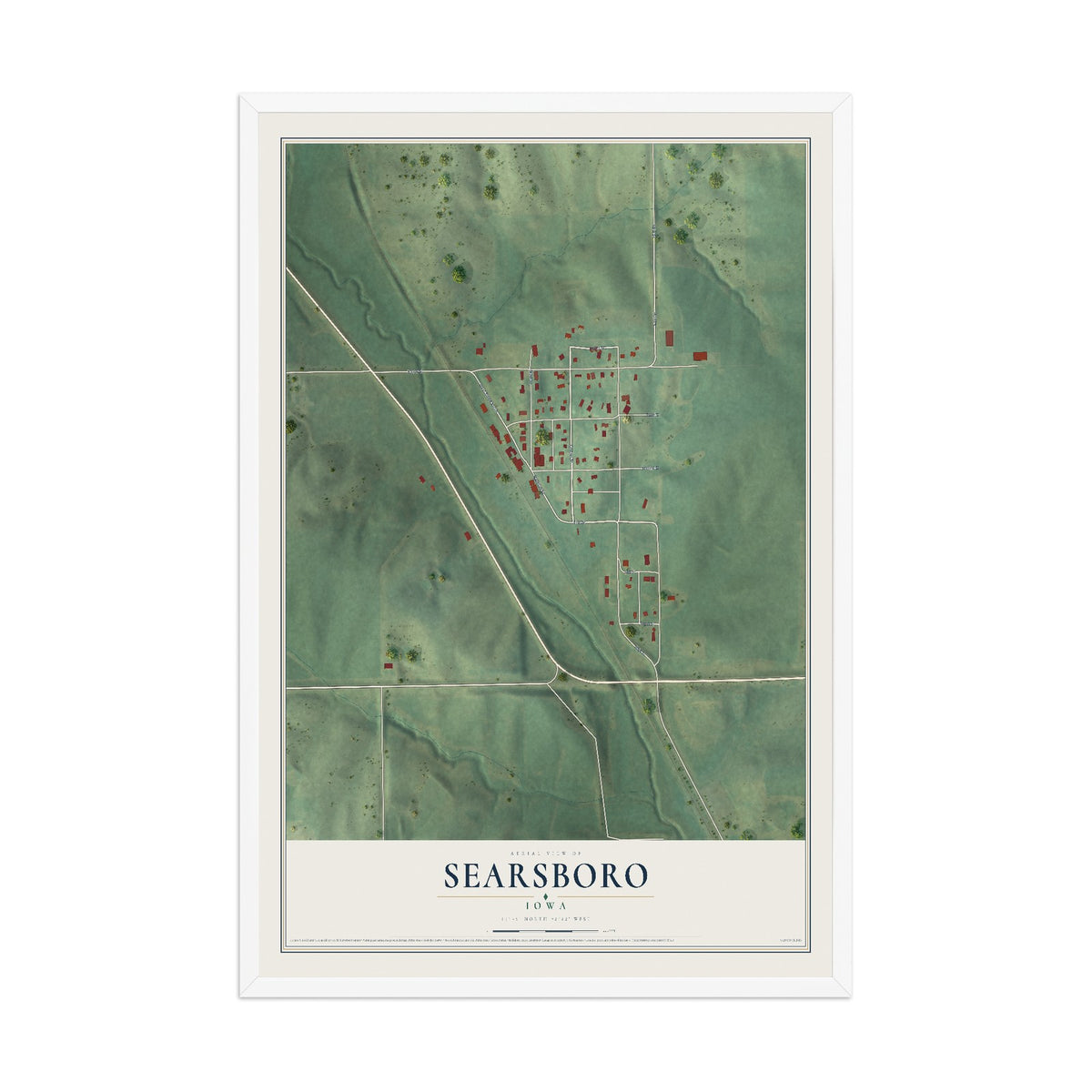 Map of Searsboro, Iowa, 12 x 18 inch print in a white wood frame