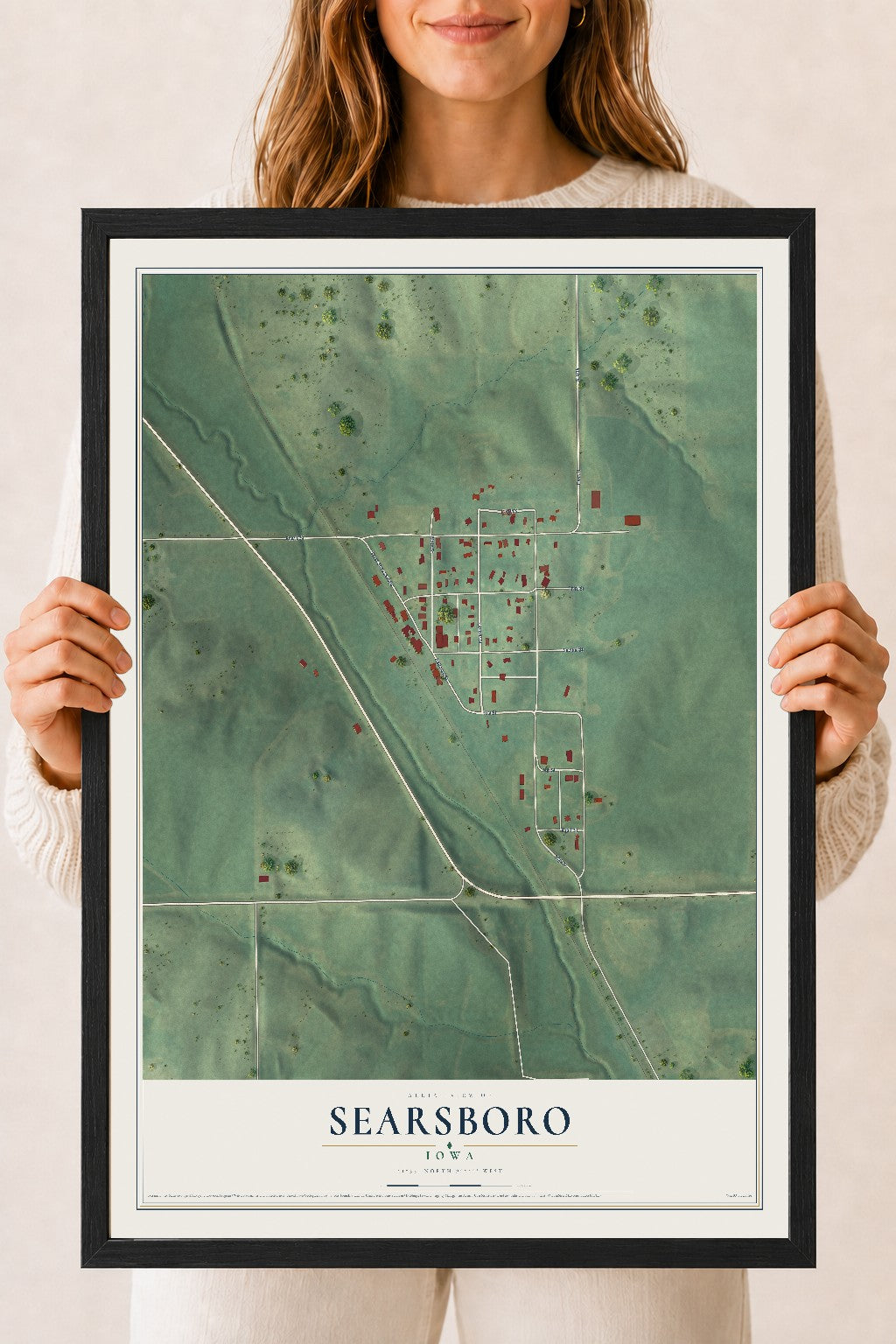 Map of Searsboro, Iowa, 18 x 24 inch print in a black wood frame
