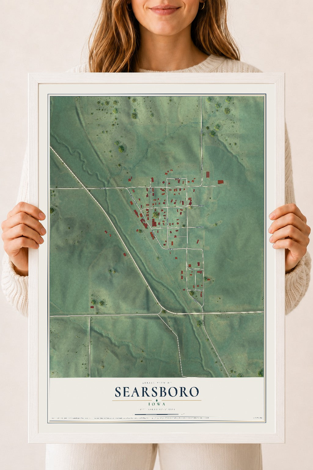 Map of Searsboro, Iowa, 18 x 24 inch print in a white wood frame