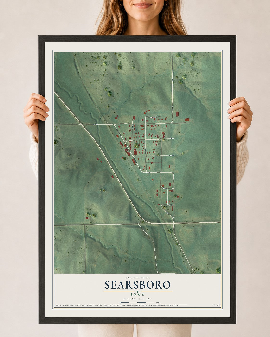 Map of Searsboro, Iowa, 24 x 36 inch print in a black wood frame