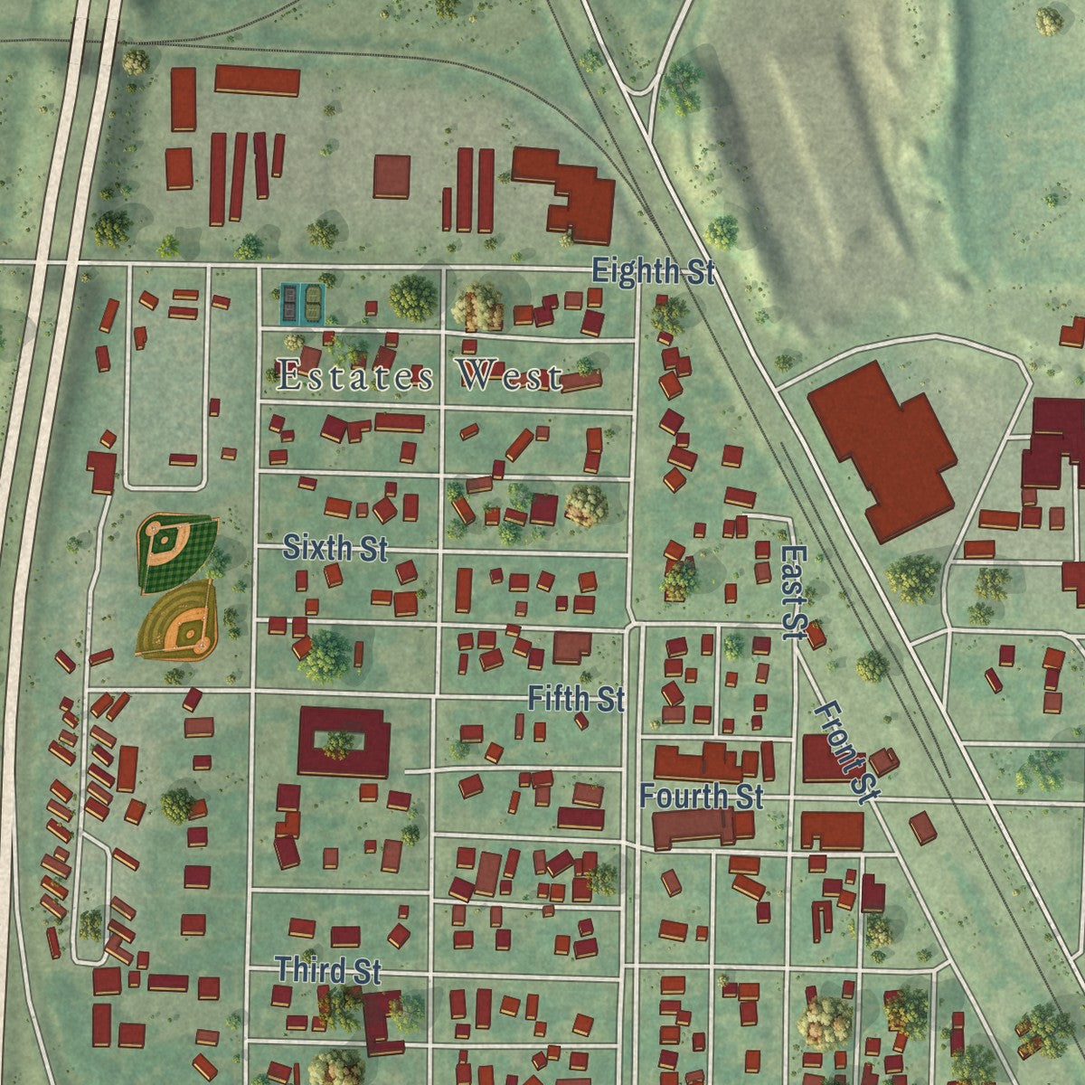 Close-up of the map of Sergeant Bluff, Iowa print showing street and building detail