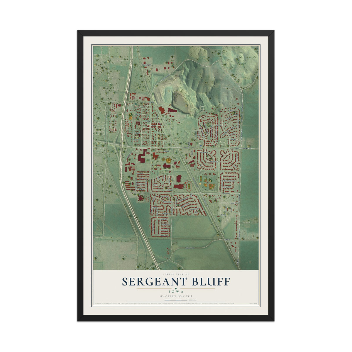 Map of Sergeant Bluff, Iowa, 12 x 18 inch print in a black wood frame