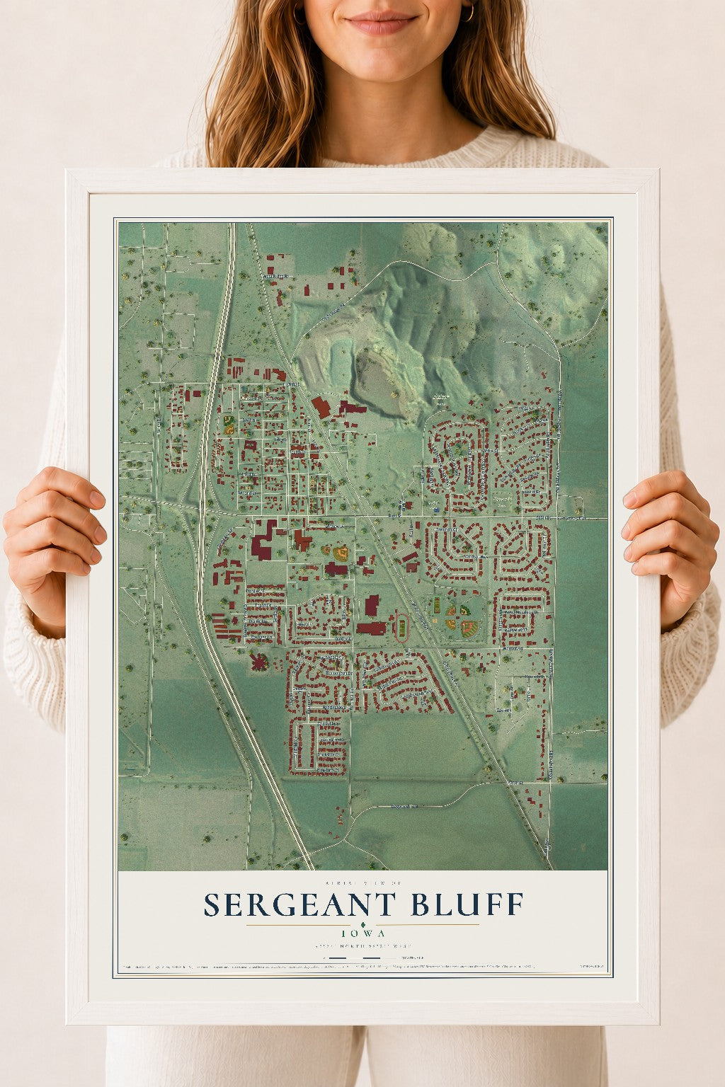 Map of Sergeant Bluff, Iowa, 18 x 24 inch print in a white wood frame