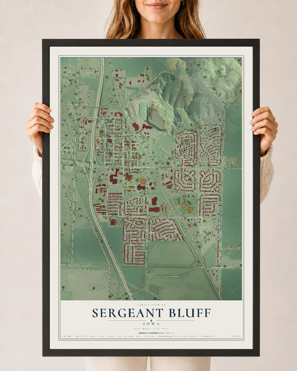 Map of Sergeant Bluff, Iowa, 24 x 36 inch print in a black wood frame