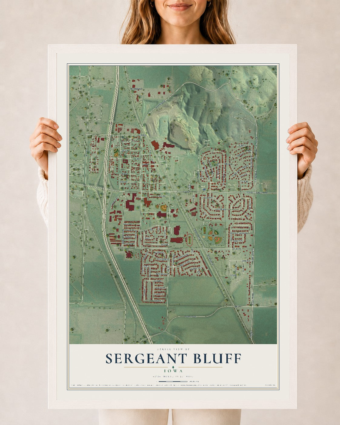 Map of Sergeant Bluff, Iowa, 24 x 36 inch print in a white wood frame