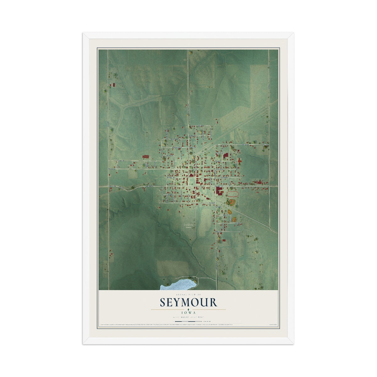 Map of Seymour, Iowa, 12 x 18 inch print in a white wood frame