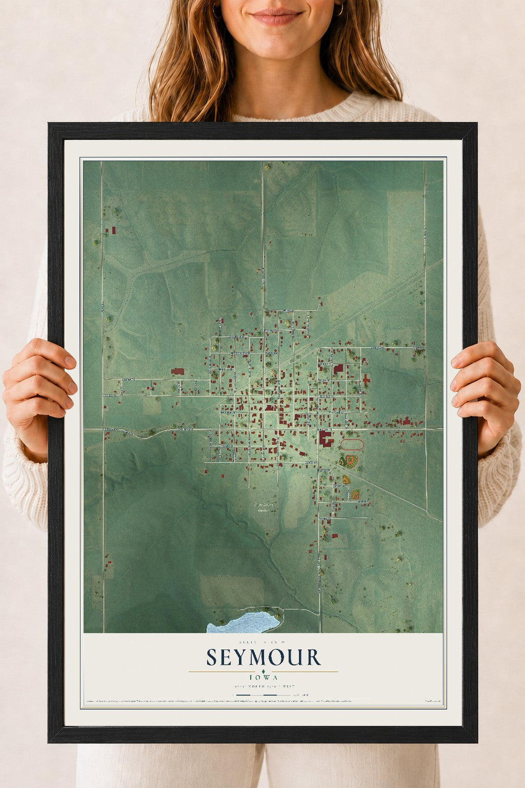 Map of Seymour, Iowa, 18 x 24 inch print in a black wood frame