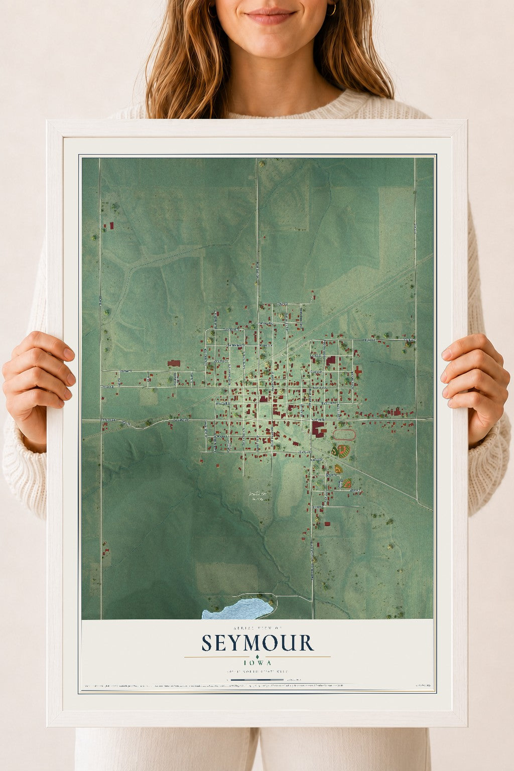 Map of Seymour, Iowa, 18 x 24 inch print in a white wood frame