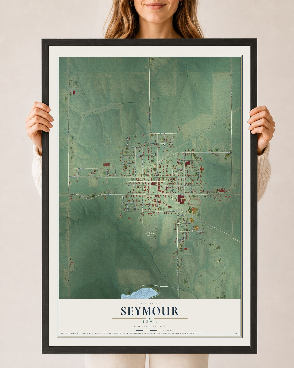 Map of Seymour, Iowa, 24 x 36 inch print in a black wood frame