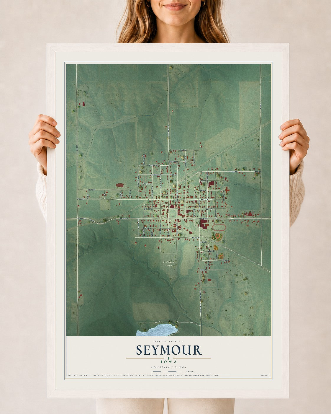 Map of Seymour, Iowa, 24 x 36 inch print in a white wood frame