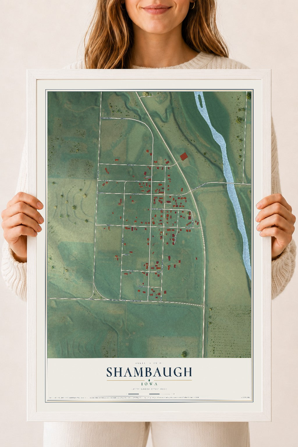 Map of Shambaugh, Iowa, 18 x 24 inch print in a white wood frame