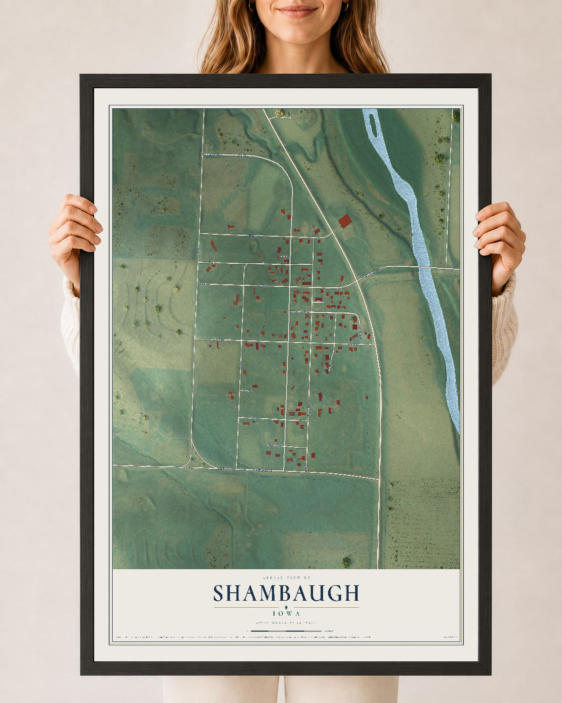 Map of Shambaugh, Iowa, 24 x 36 inch print in a black wood frame