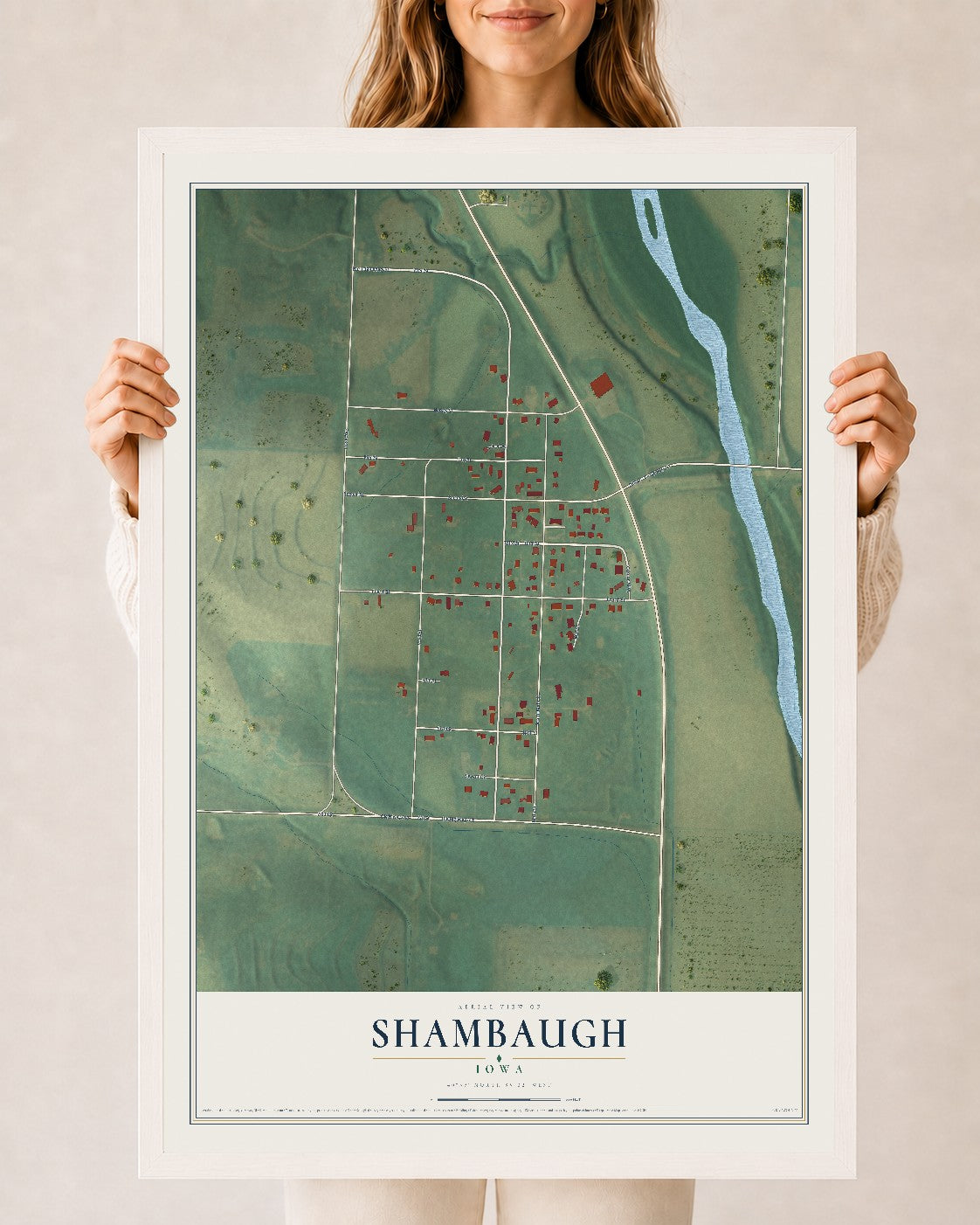 Map of Shambaugh, Iowa, 24 x 36 inch print in a white wood frame