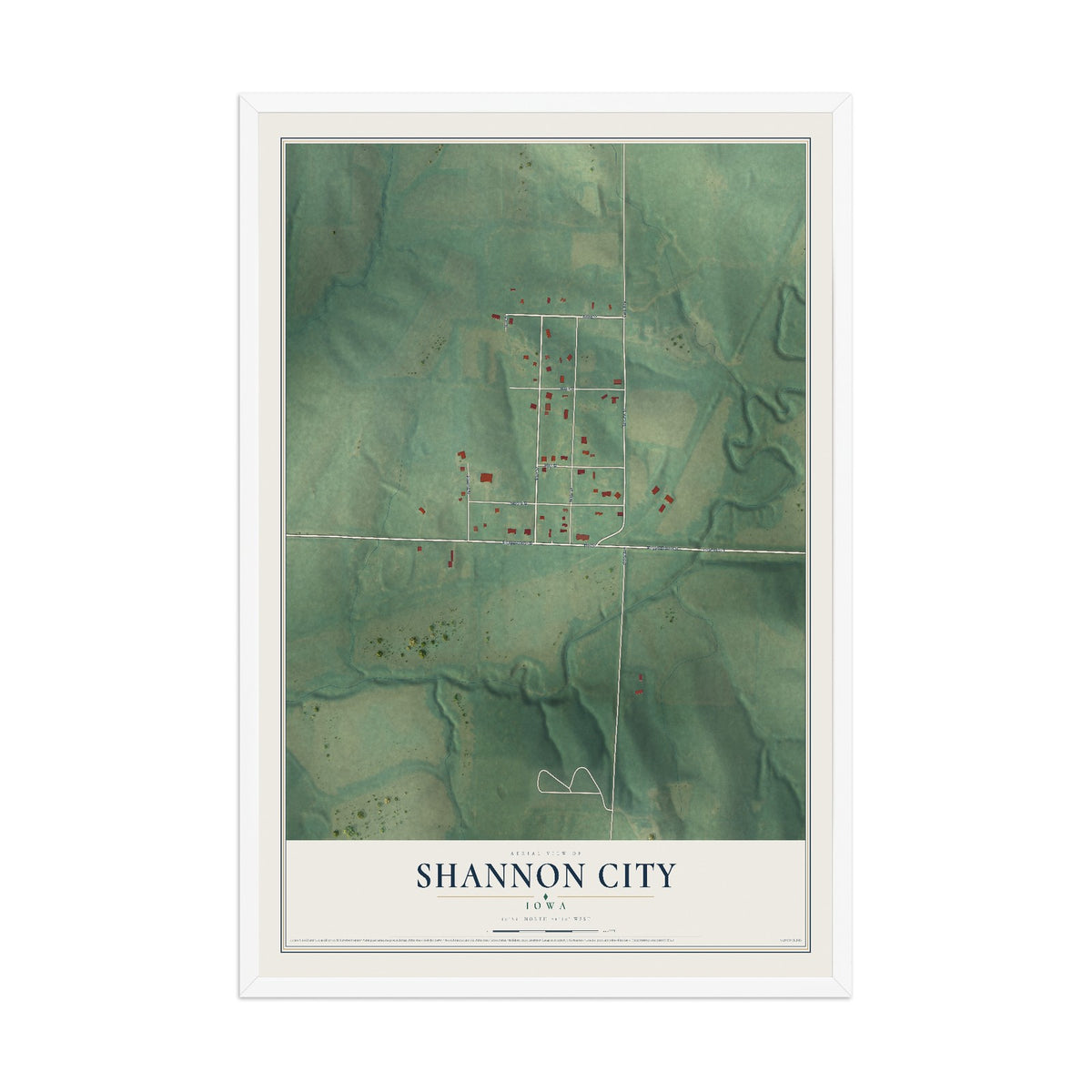 Map of Shannon City, Iowa, 12 x 18 inch print in a white wood frame