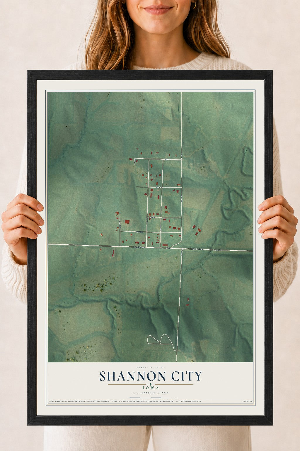 Map of Shannon City, Iowa, 18 x 24 inch print in a black wood frame
