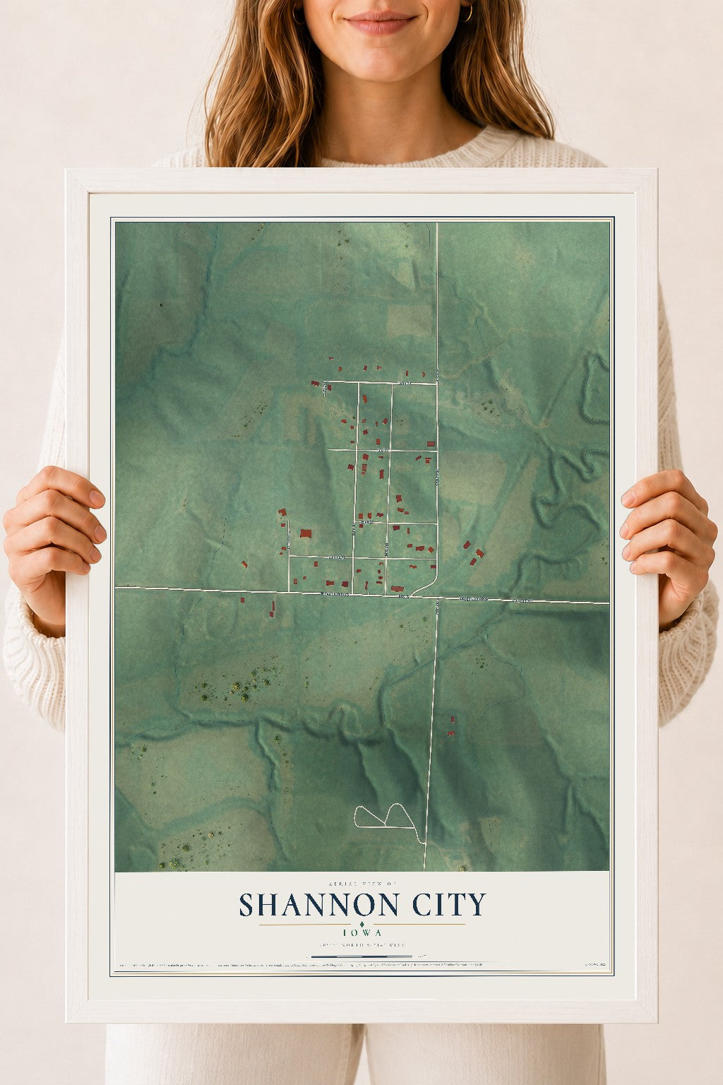 Map of Shannon City, Iowa, 18 x 24 inch print in a white wood frame