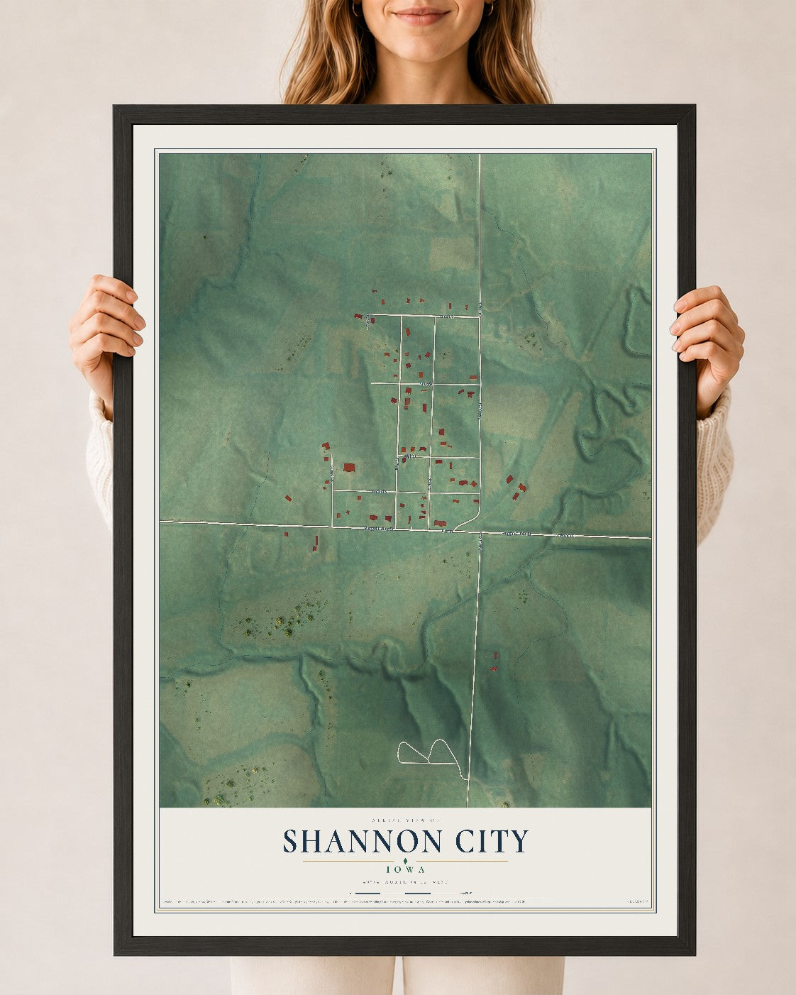 Map of Shannon City, Iowa, 24 x 36 inch print in a black wood frame