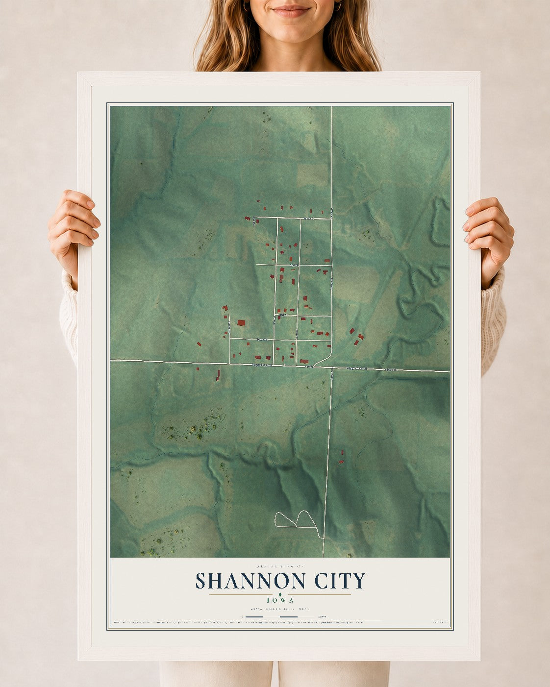 Map of Shannon City, Iowa, 24 x 36 inch print in a white wood frame