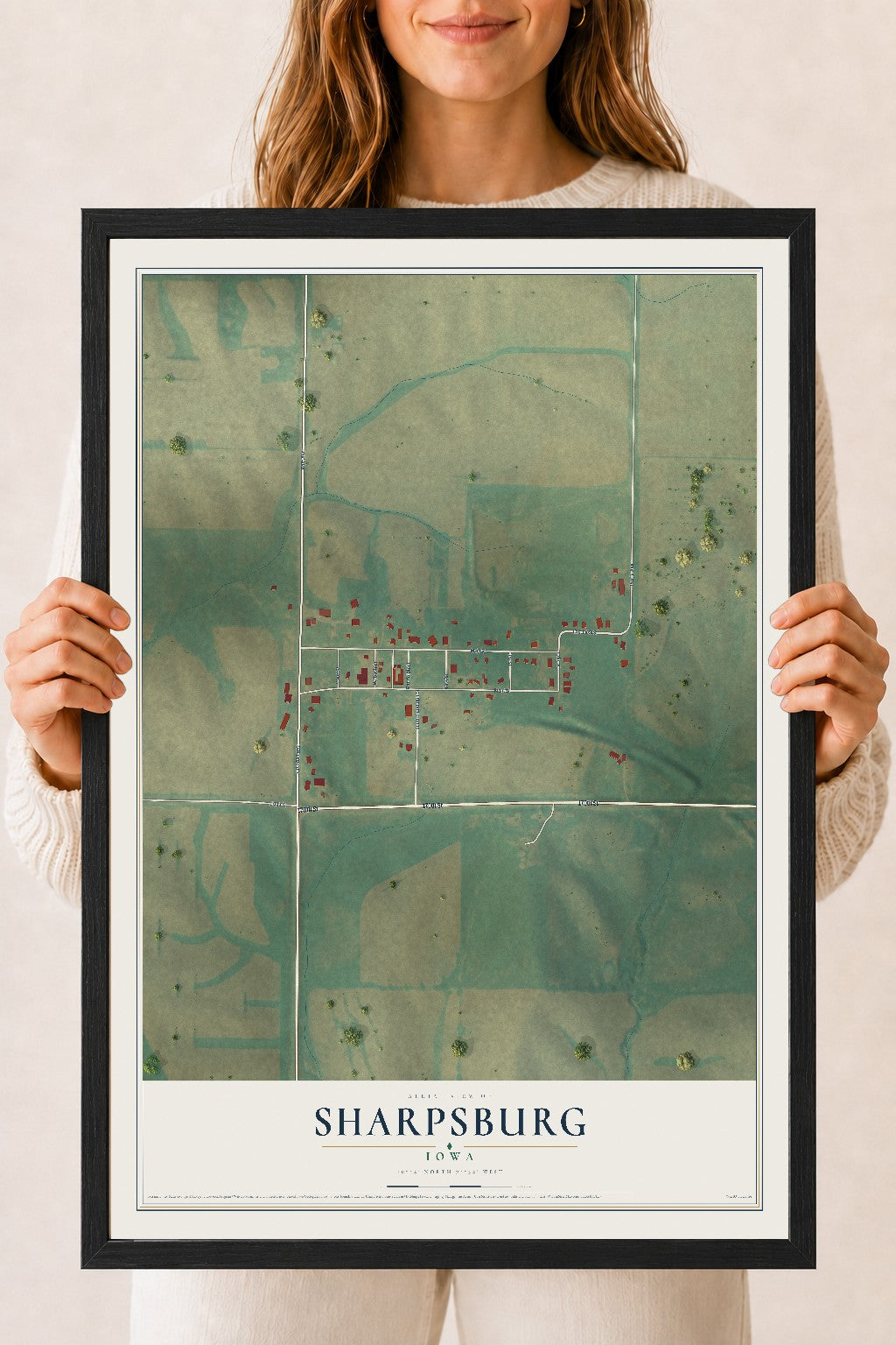 Map of Sharpsburg, Iowa, 18 x 24 inch print in a black wood frame