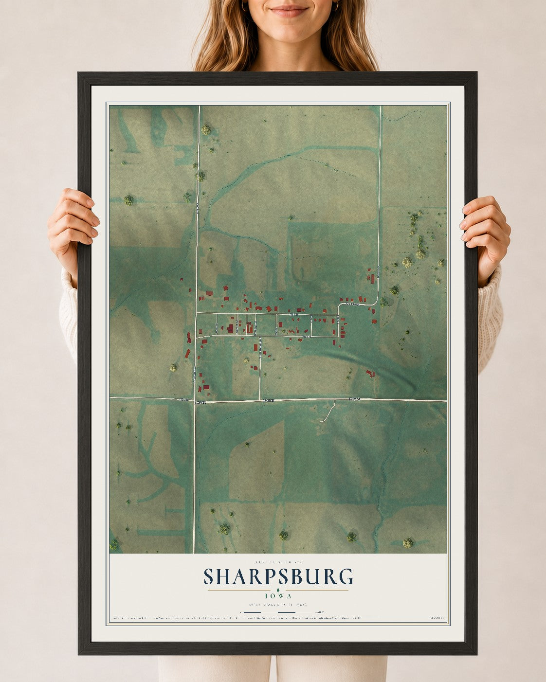 Map of Sharpsburg, Iowa, 24 x 36 inch print in a black wood frame