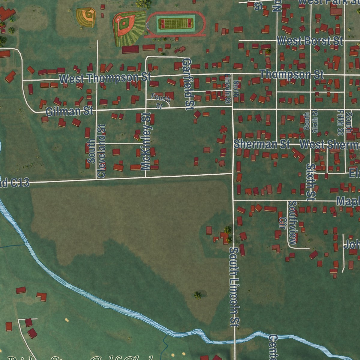 Close-up of the map of Sheffield, Iowa print showing street and building detail