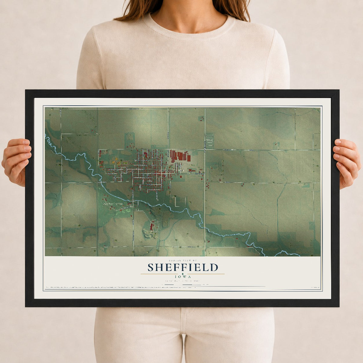 Map of Sheffield, Iowa, 12 x 18 inch print in a black wood frame