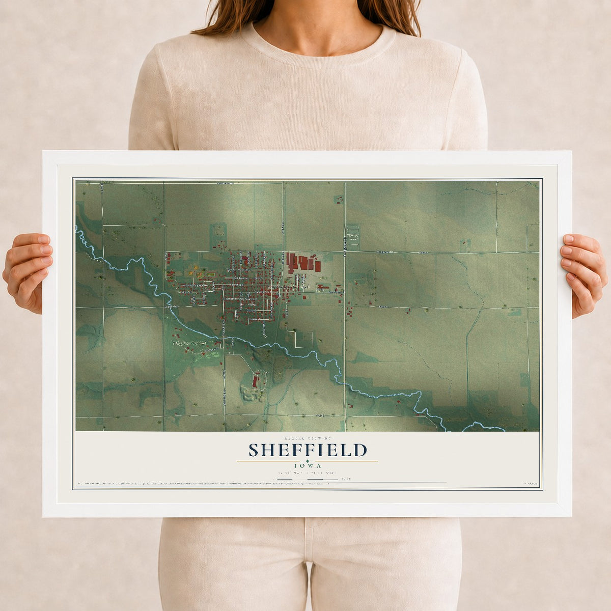 Map of Sheffield, Iowa, 12 x 18 inch print in a white wood frame